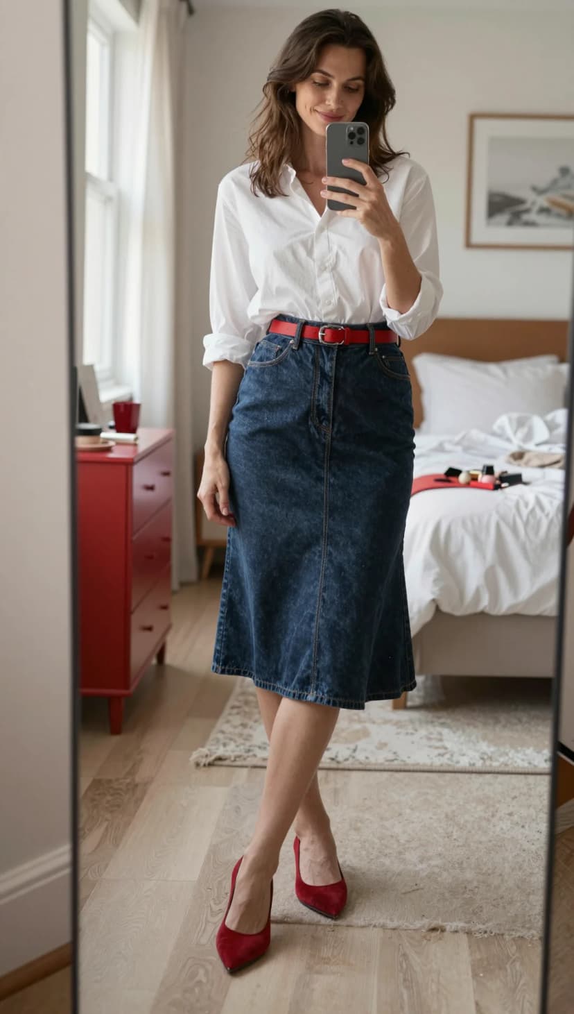White Poplin Button-Down + Dark Wash Denim Midi Skirt + Red Suede Heels + Red Leather Belt
