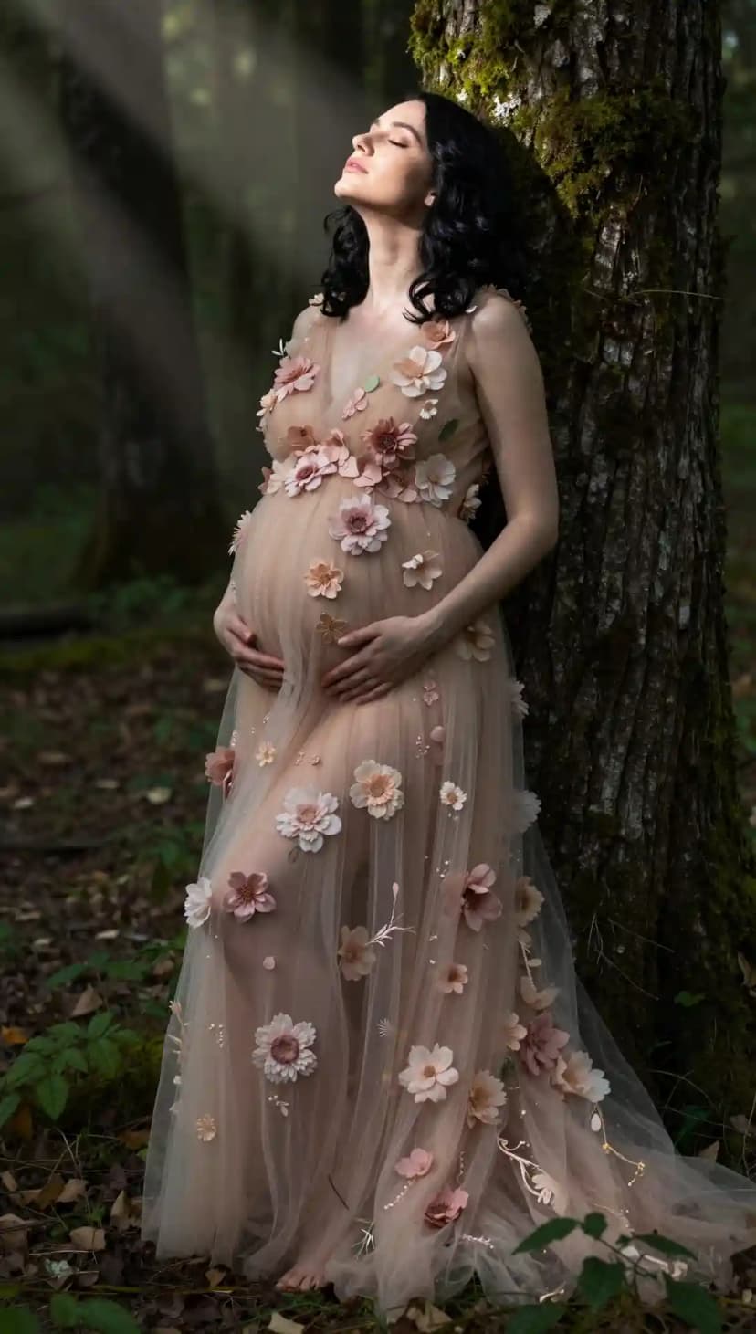 Nude Tulle Gown With Floral Appliques