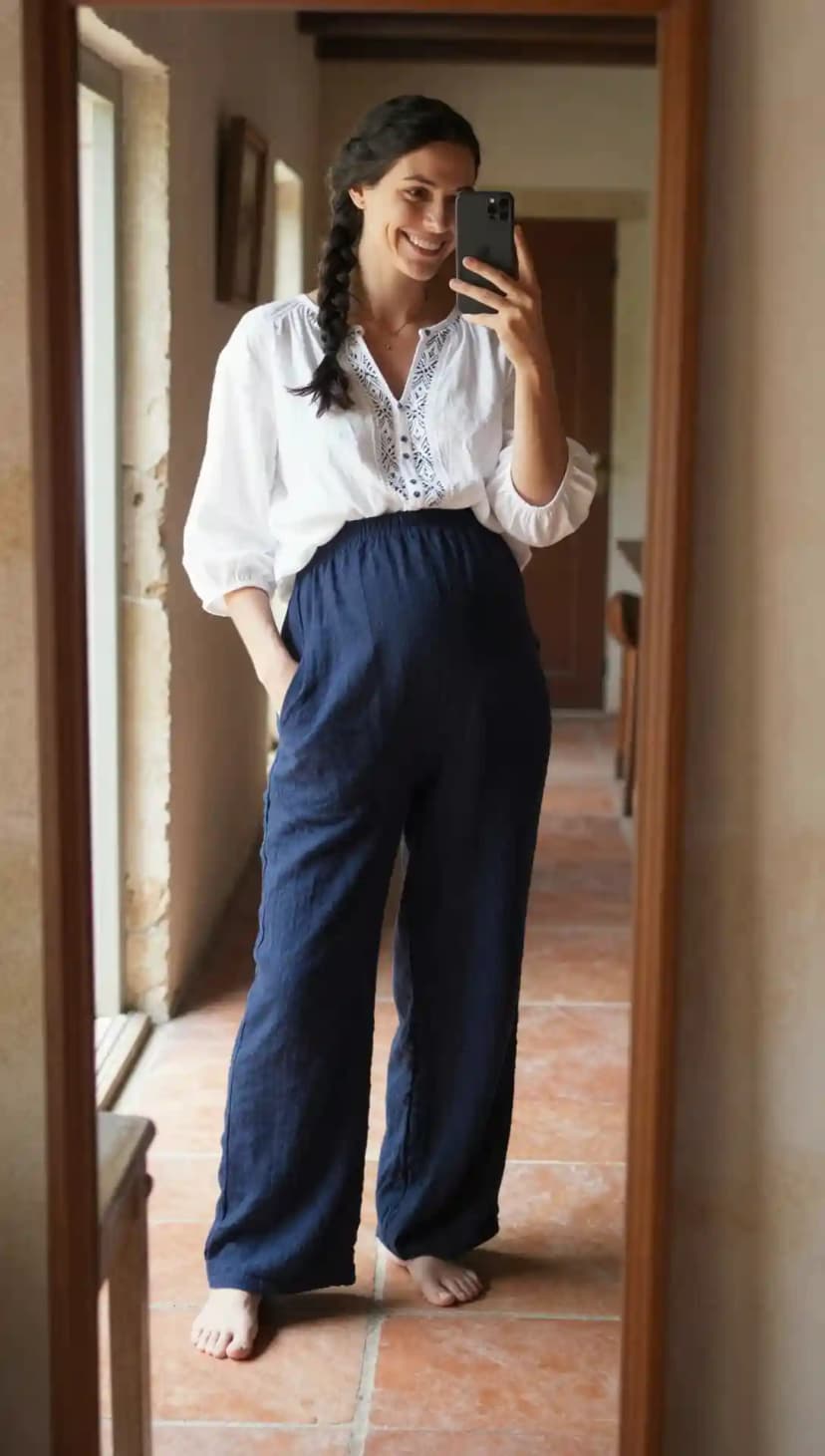 White Embroidered Cotton Blouse + Navy Linen Wide-Leg Pants