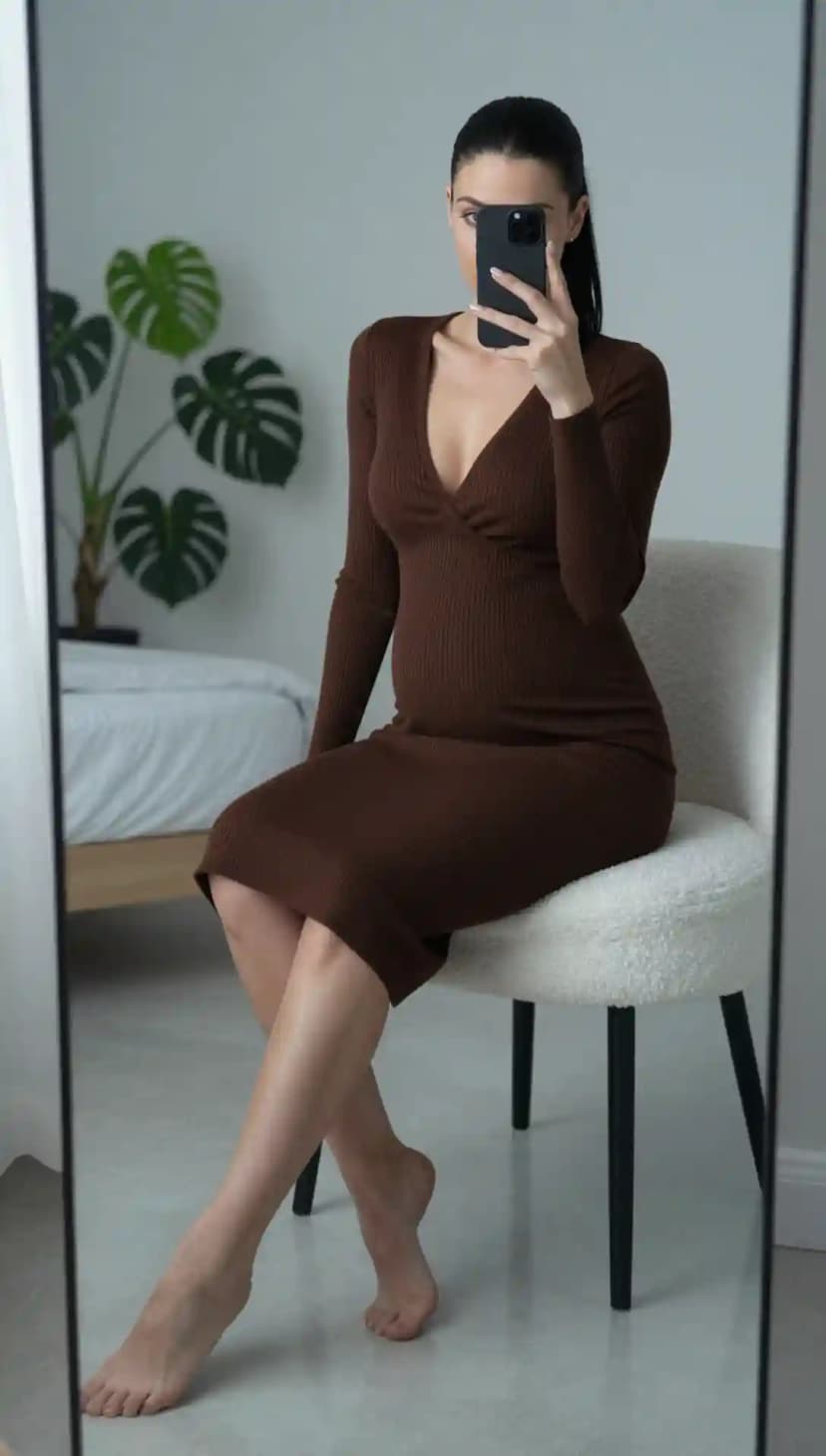 Brown Ribbed Knit Midi Dress
