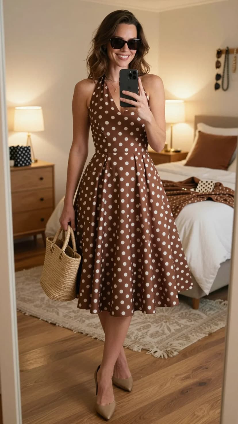 Brown Polka Dot Halter Dress + Tan Pointed Toe Heels + Straw Tote Bag