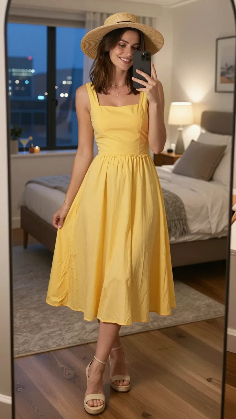 Yellow Cotton Sundress + Straw Boater Hat + Beige Espadrille Wedges