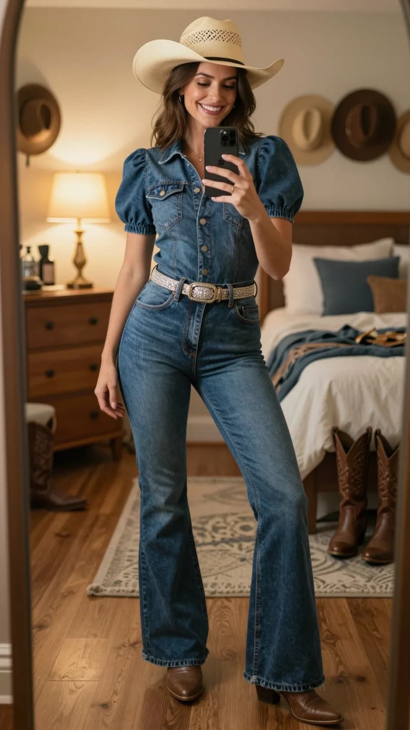 Blue Denim Jumpsuit + Embellished Western Belt + Brown Leather Boots + Straw Cowboy Hat