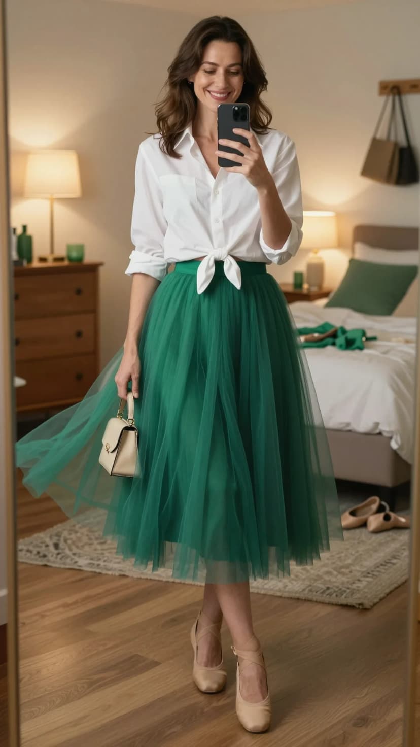 White Cotton Button-Down + Emerald Tulle Midi Skirt + Nude Ballet Flats