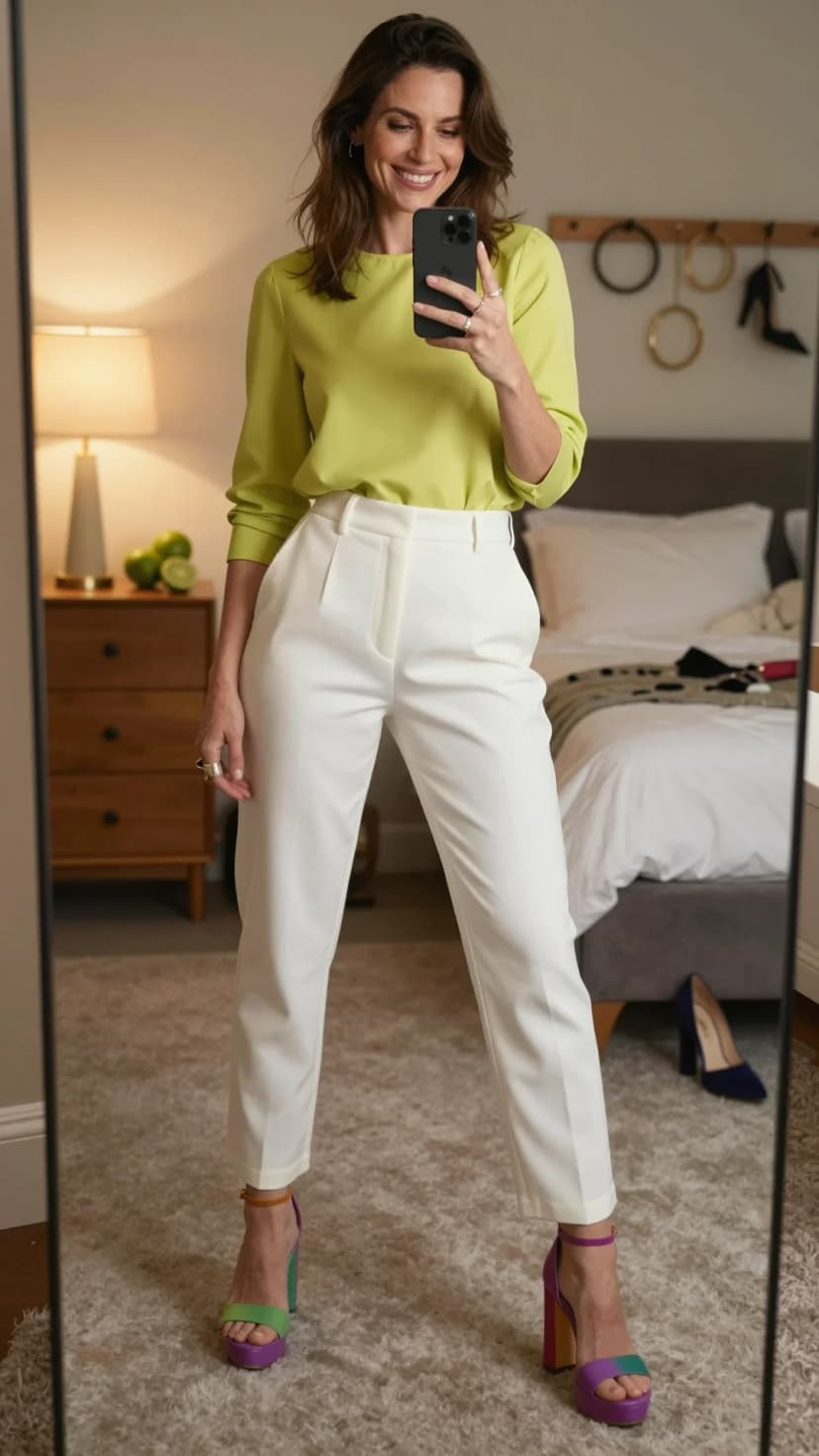 Lime Green Satin Top + White Tailored Trousers + Purple and Green Platform Heels
