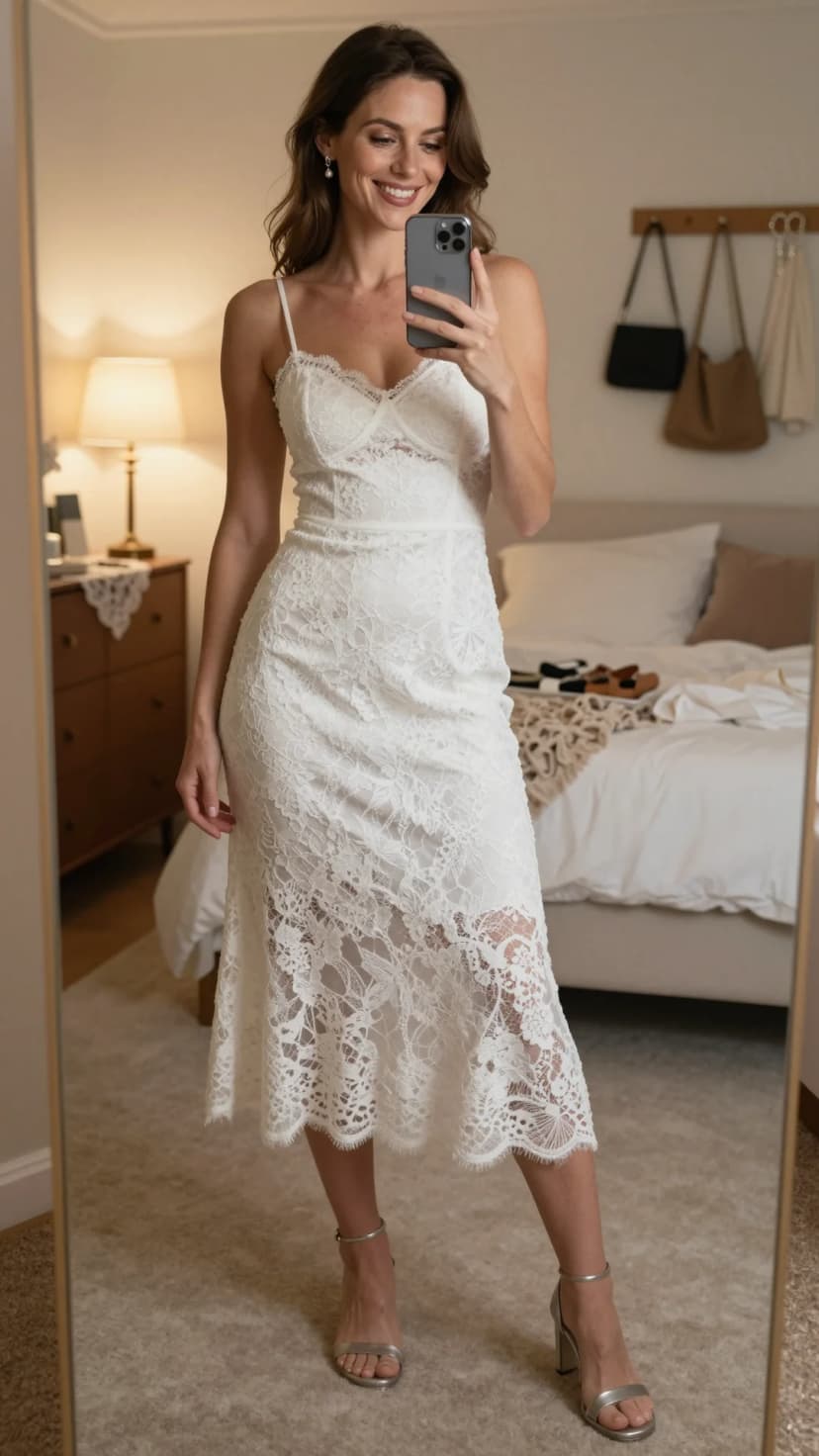 White Lace Slip Dress + Silver Strappy Heels