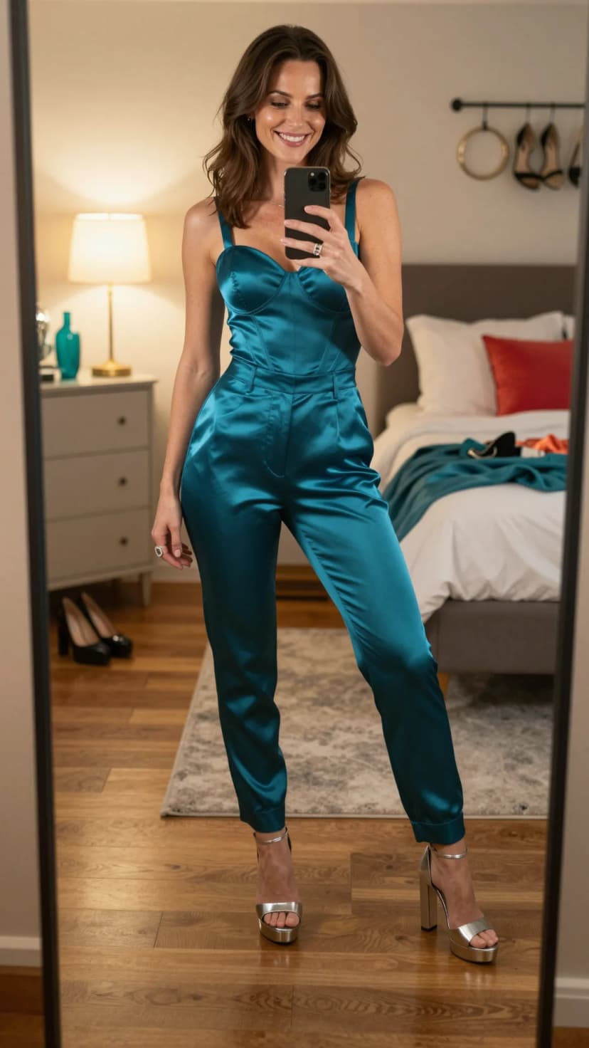 Teal Satin Corset Jumpsuit + Silver Platform Heels