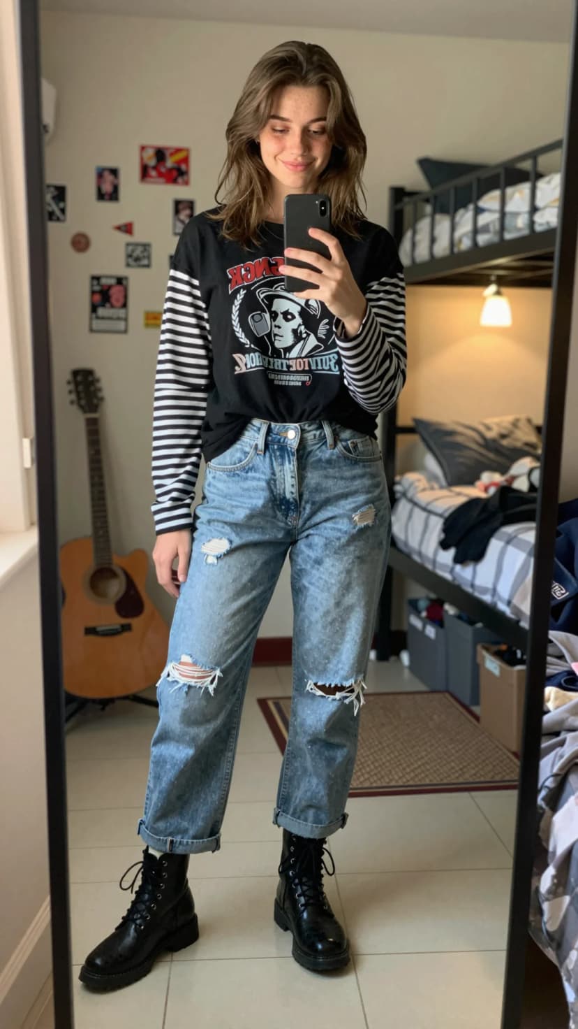 Black Striped Long Sleeve Tee + Light Wash Distressed Denim Jeans + Black Combat Boots