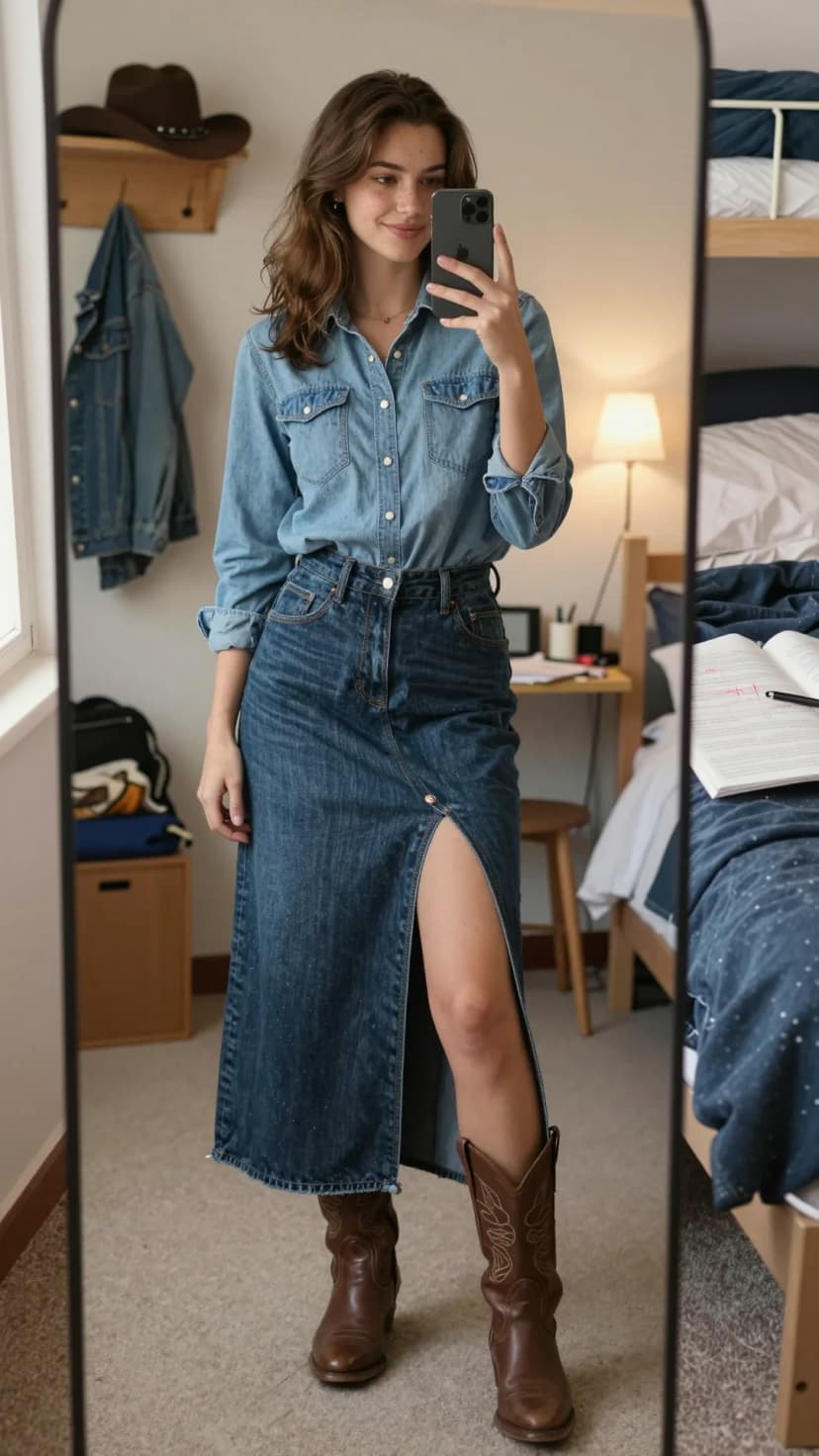 Blue Denim Shirt + Blue Denim Maxi Skirt + Brown Leather Boots