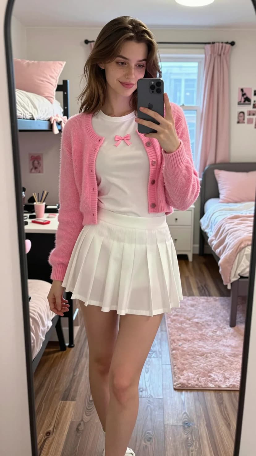 Pink Fuzzy Knit Cardigan + White Bow T-Shirt + White Pleated Mini Skirt