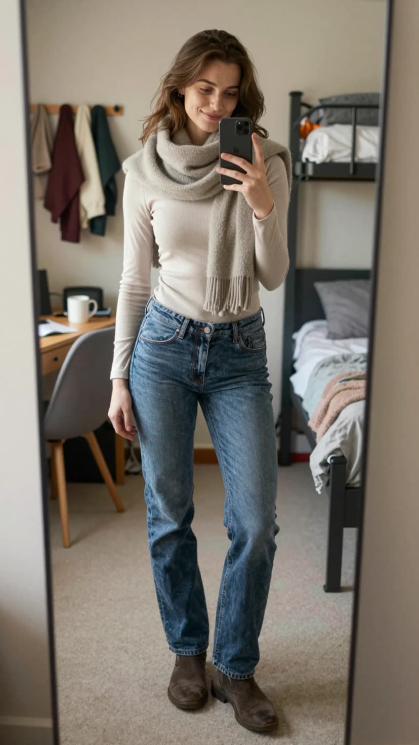 Cream Ribbed Long Sleeve Top + Light Wash Straight Leg Jeans + Taupe Suede Chelsea Boots + Grey Knit Scarf