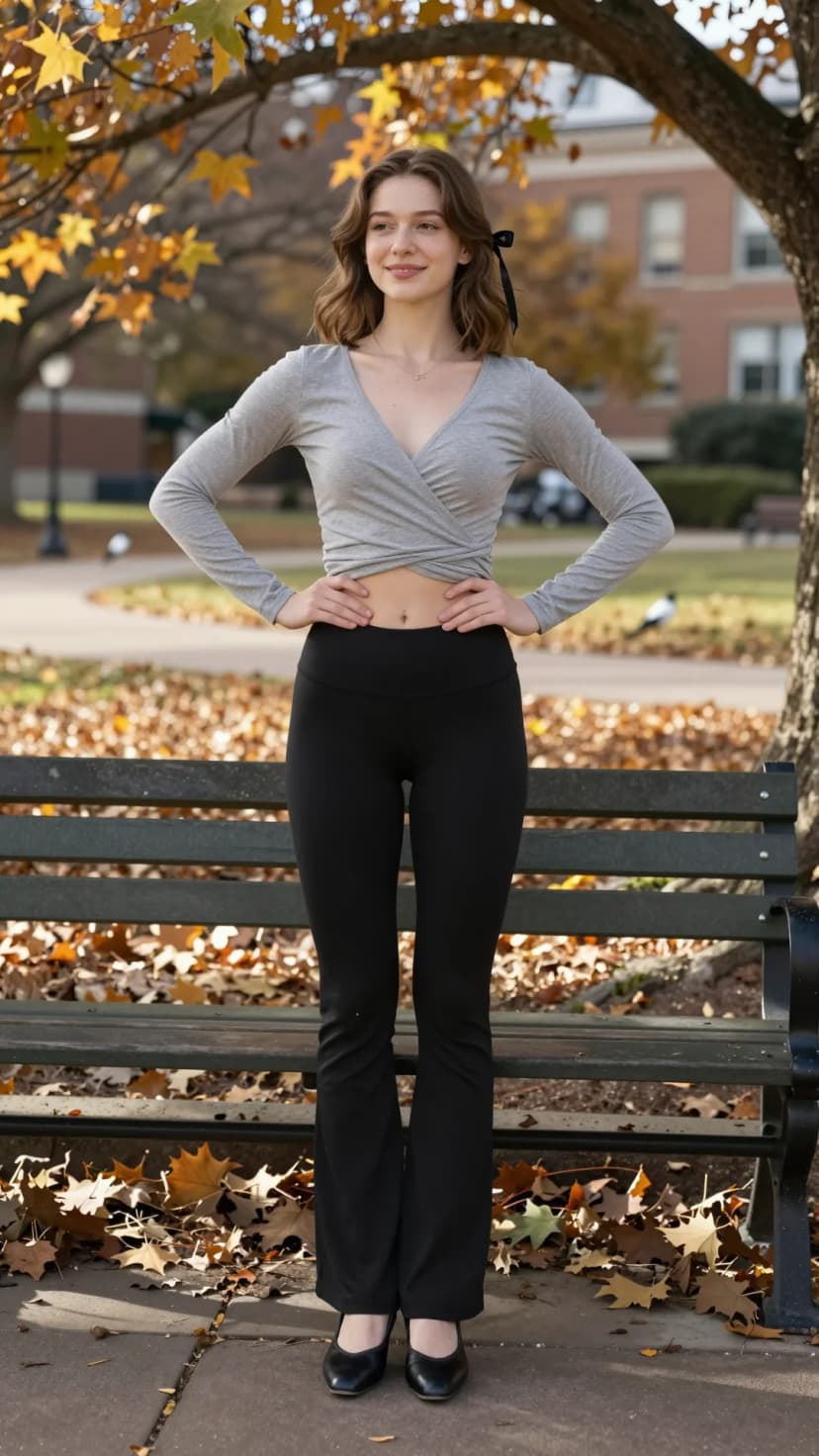 Grey Wrap Crop Top + Black Flare Leggings + Black Ballet Flats