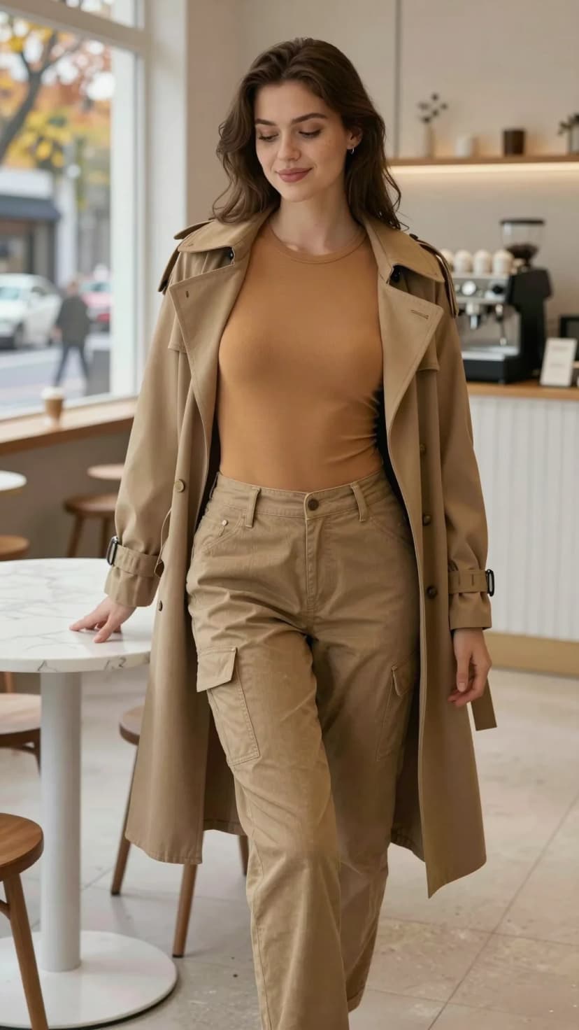 Tan Cotton T-Shirt + Tan Cargo Pants + Tan Trench Coat