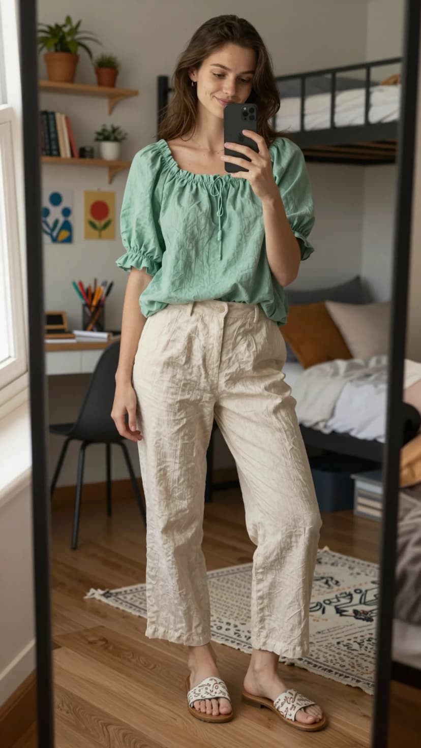 Mint Eyelet Puff Sleeve Top + Cream Crinkled High-Waisted Trousers + White Embroidered Slides