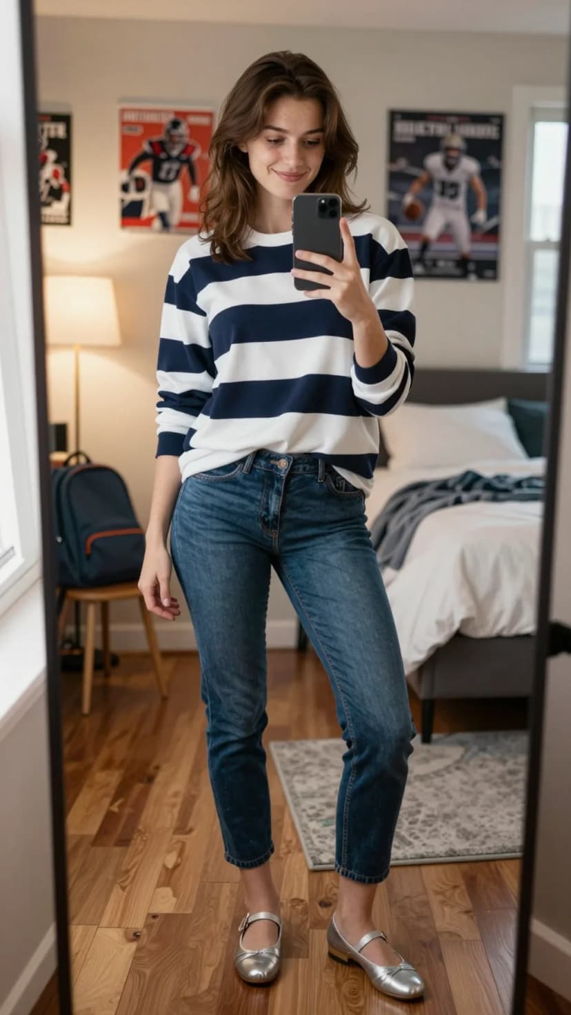 Navy and White Striped Long Sleeve Top + Blue Denim Straight Leg Jeans + Silver Mary Jane Flats