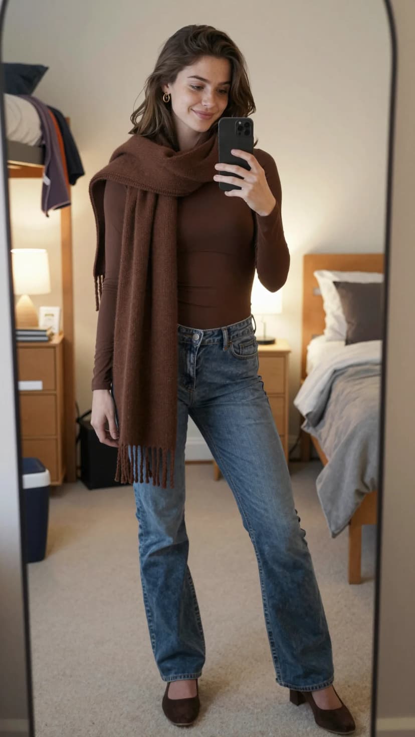 Brown Long Sleeve Bodysuit + Medium Wash Denim Jeans + Brown Scarf + Brown Suede Heels