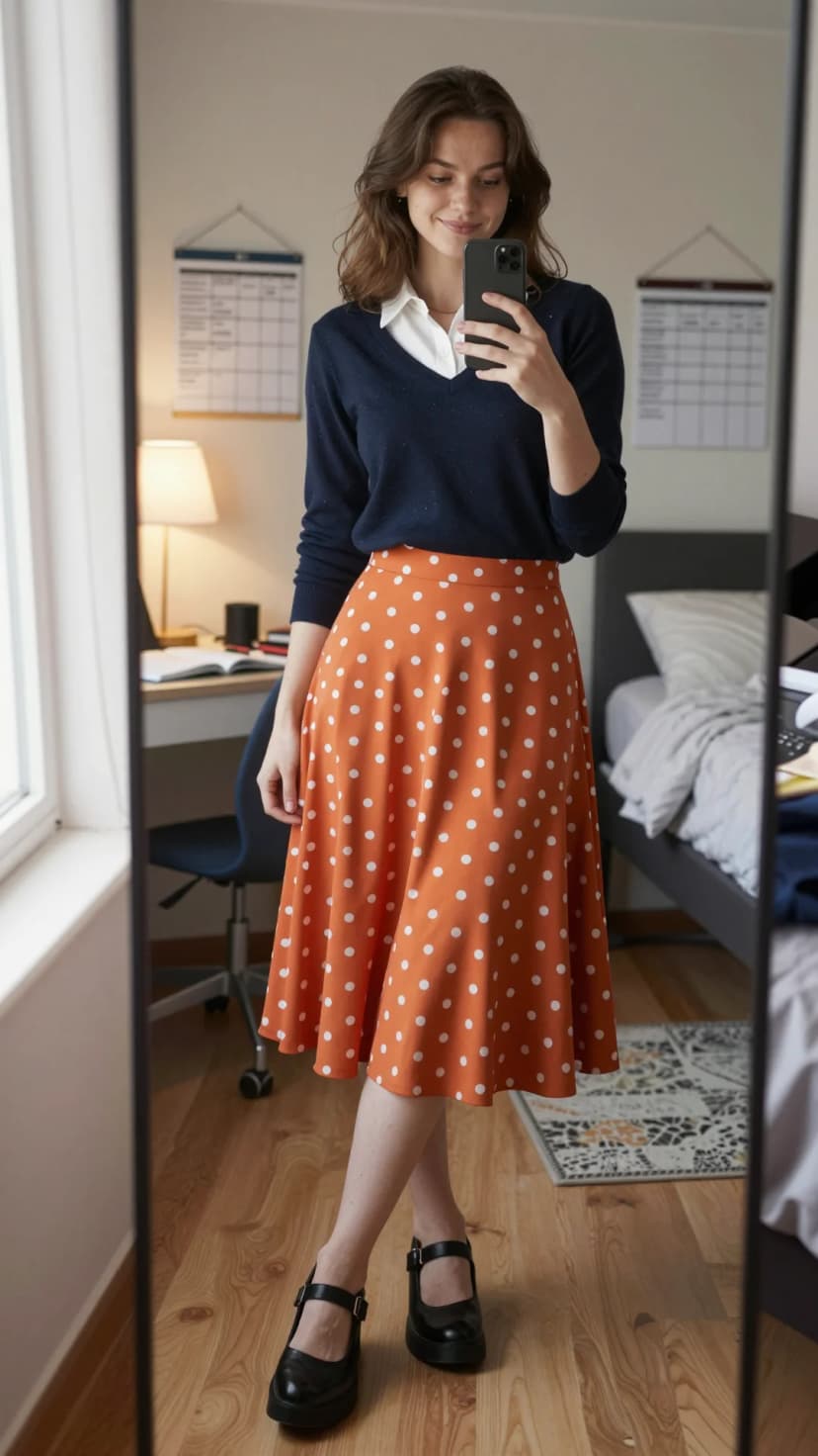 Navy V-Neck Sweater + White Button-Down Shirt + Orange Polka Dot Midi Skirt + Black Mary Jane Platforms