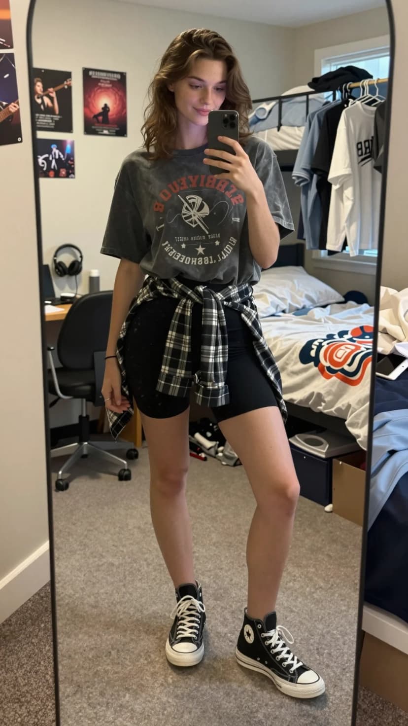 Grey Graphic Tee + Black Bike Shorts + Black and White Plaid Flannel
