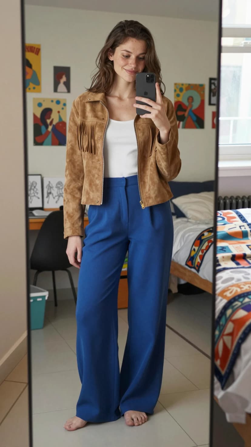 Tan Suede Fringe Jacket + White Ribbed Tank Top + Royal Blue Wide Leg Trousers