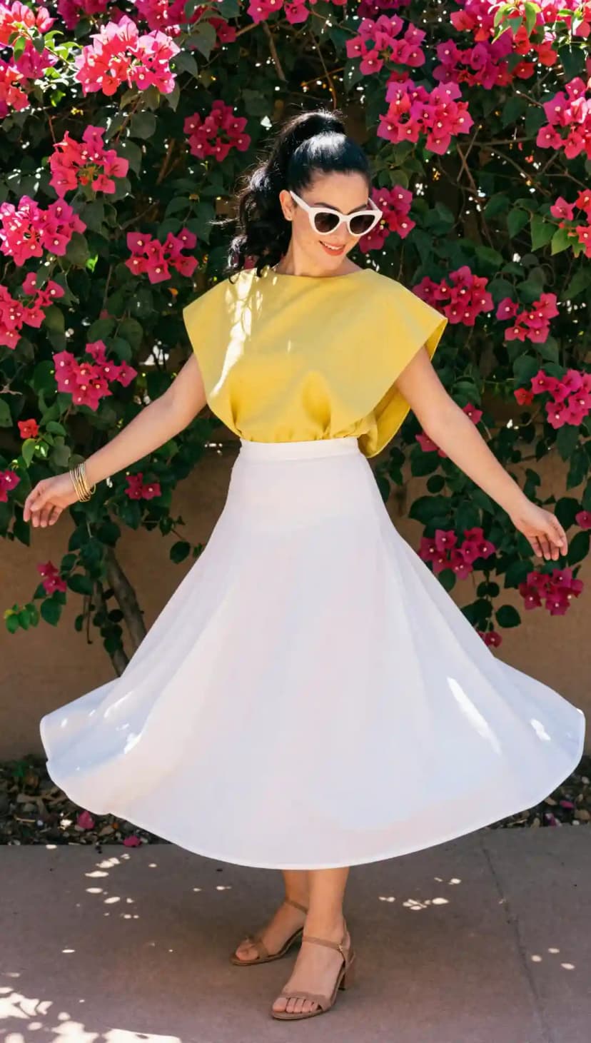 Yellow Top + White Maxi Skirt + Nude Sandals