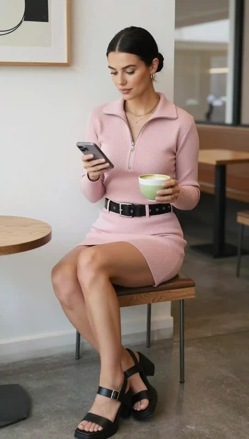 Pink Ribbed Zip-Up Mini Dress + Black Belt + Black Platform Sandals