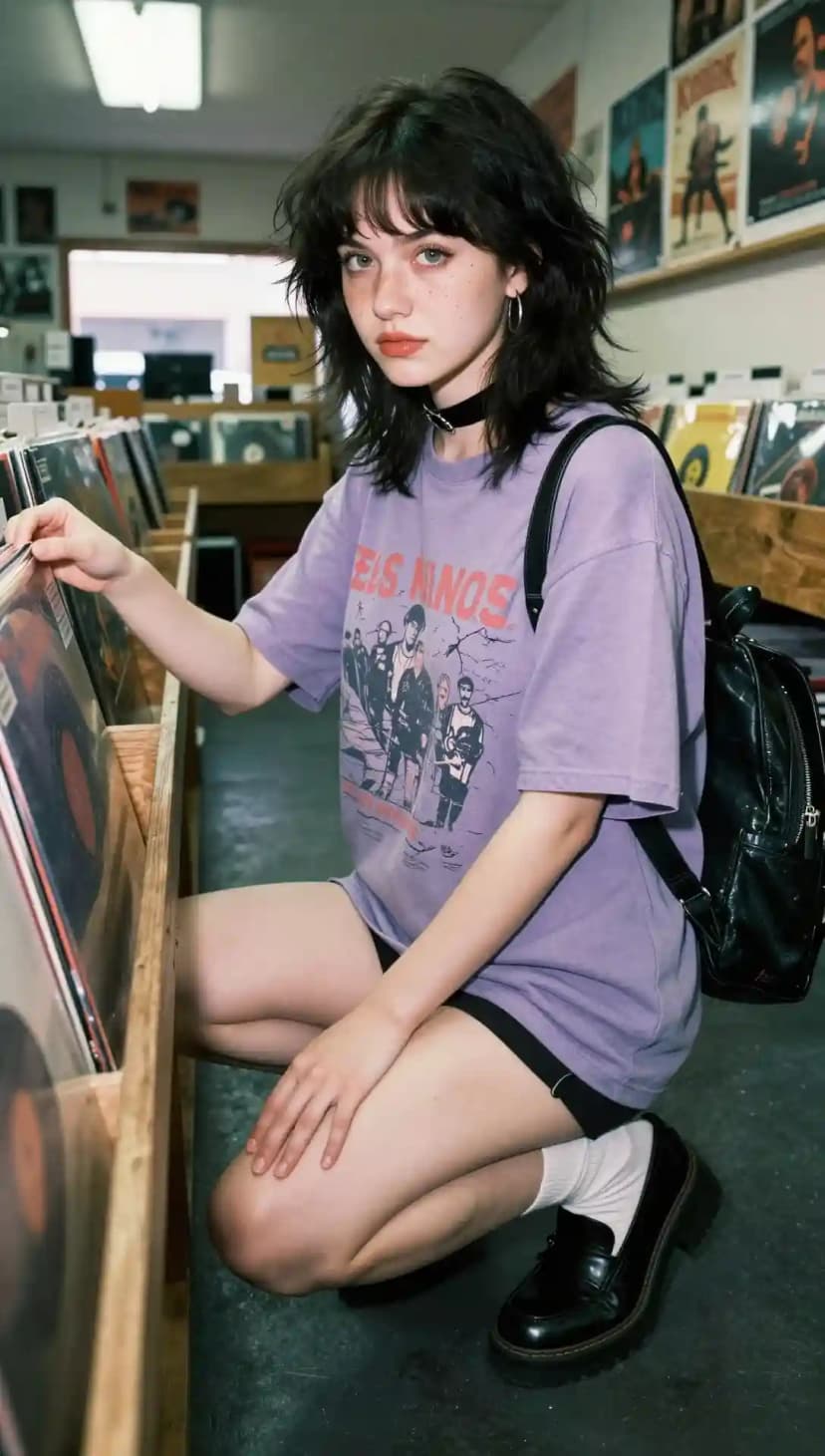 Purple Oversized Band Tee + Black Biker Shorts + Chunky Loafers