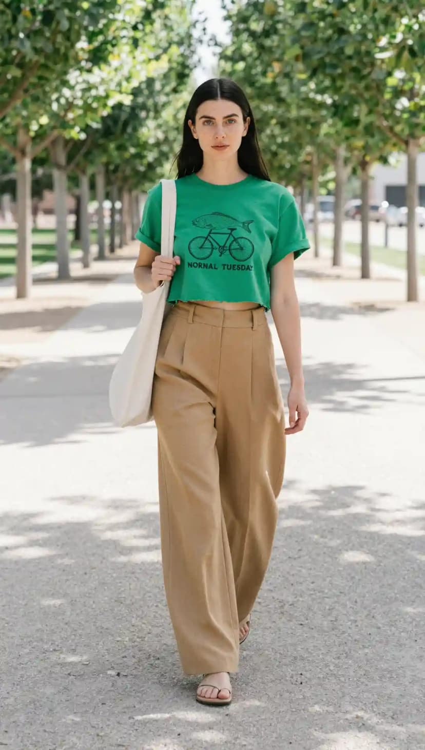Green Cropped Tee + Camel Wide-Leg Trousers