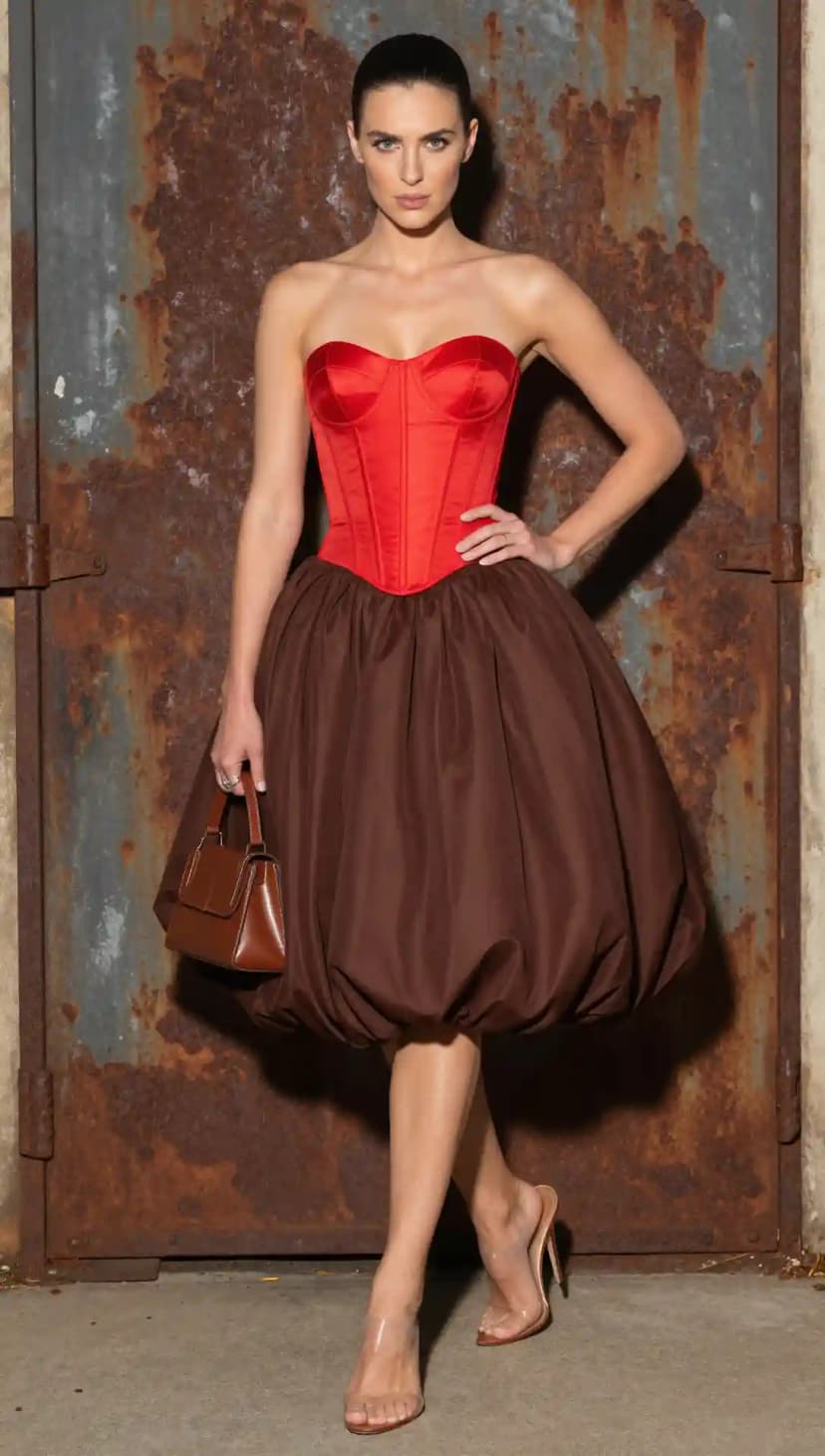 Red Corset Top + Brown Bubble Skirt + Brown Handbag + Clear Heels