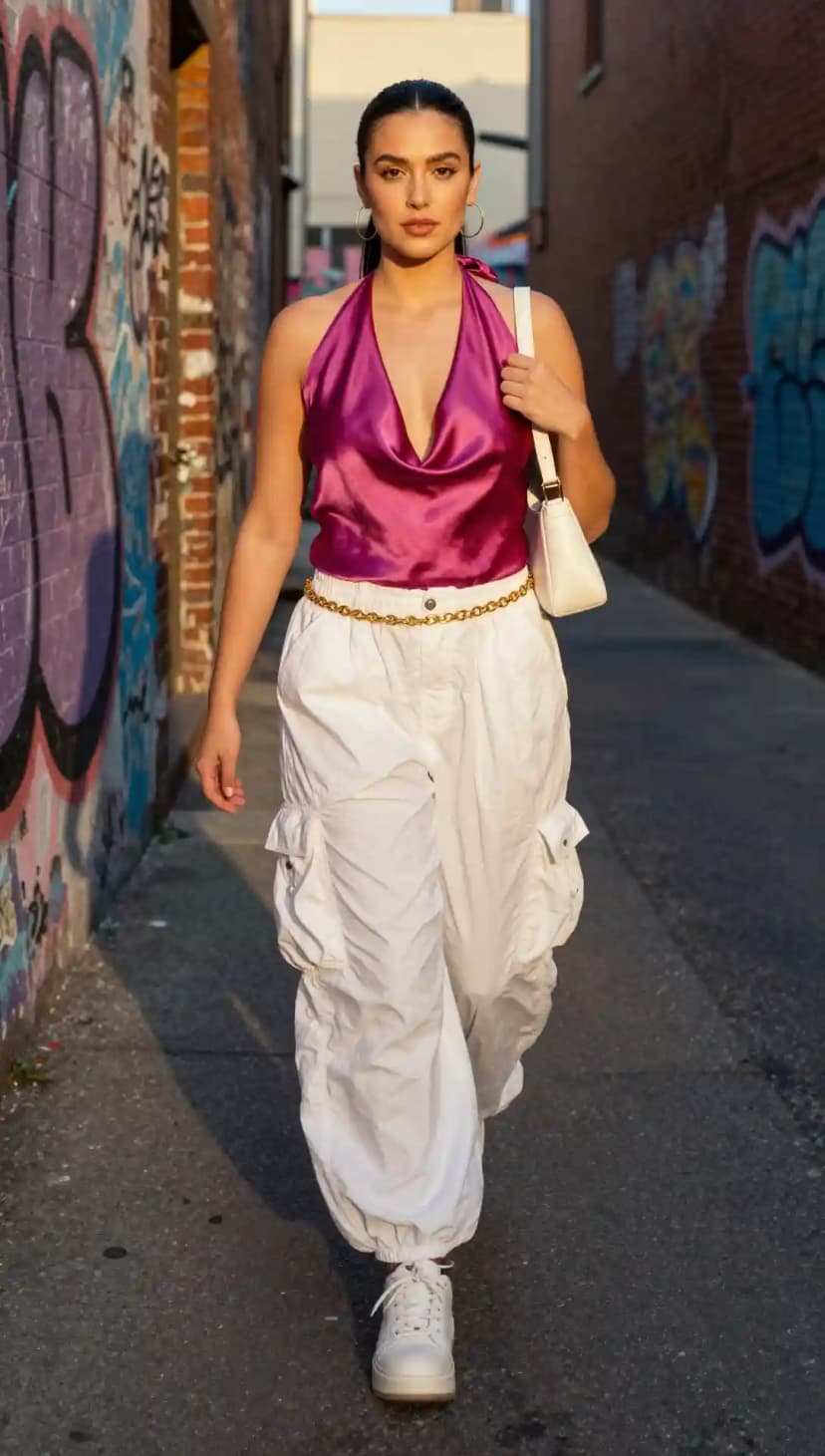 Satin Halter Top + White Cargo Pants + Gold Chain Belt