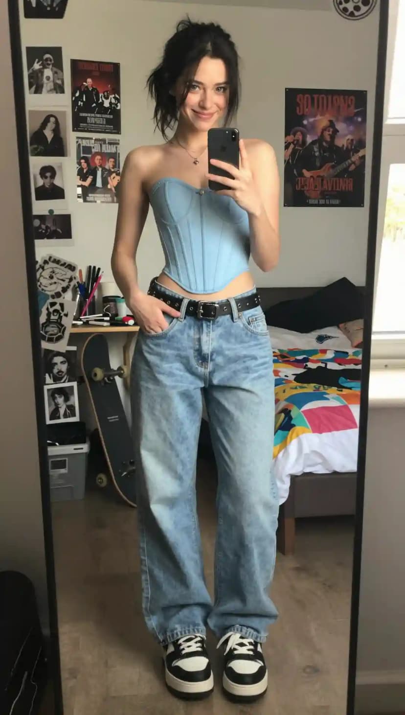 Light Blue Corset Top + Light Wash Baggy Jeans + Black Belt + Black and White Sneakers