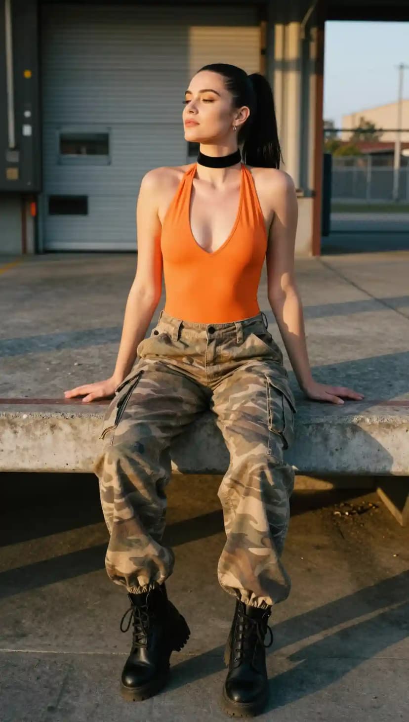 Orange Halter Bodysuit + Camouflage Cargo Pants + Black Combat Boots