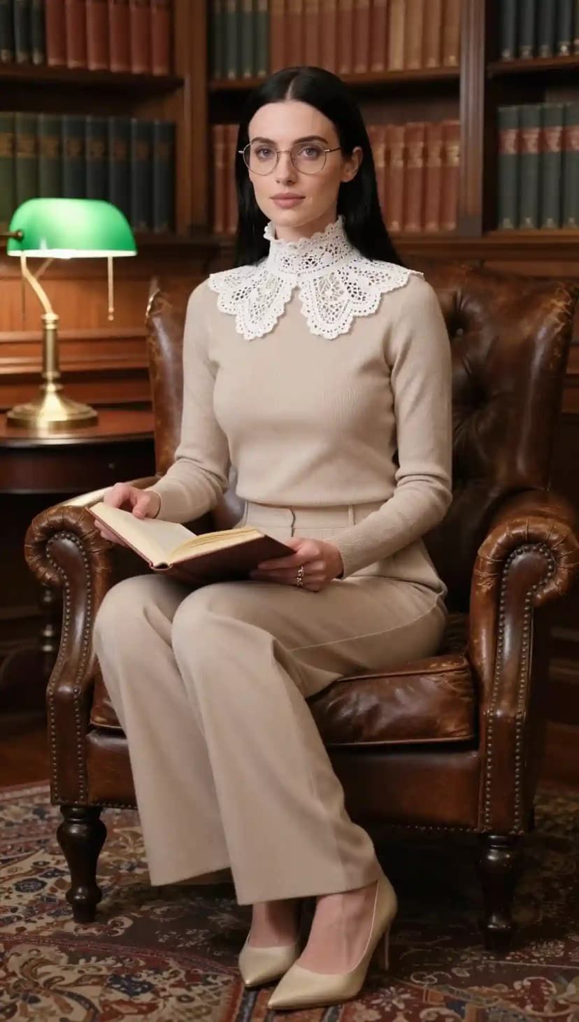 Beige Knit Sweater + Beige Wide-Leg Trousers + White Lace Collar