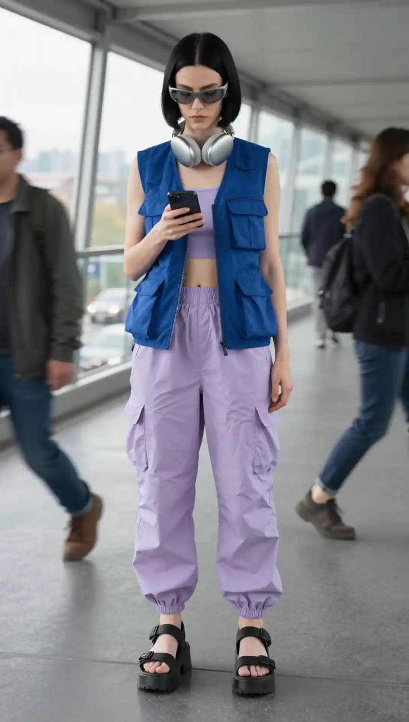 Purple Cargo Pants + Blue Utility Vest + Lavender Crop Top