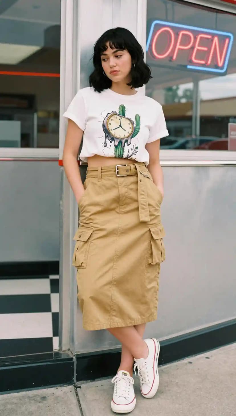 White Graphic Tee + Khaki Cargo Midi Skirt + White Sneakers