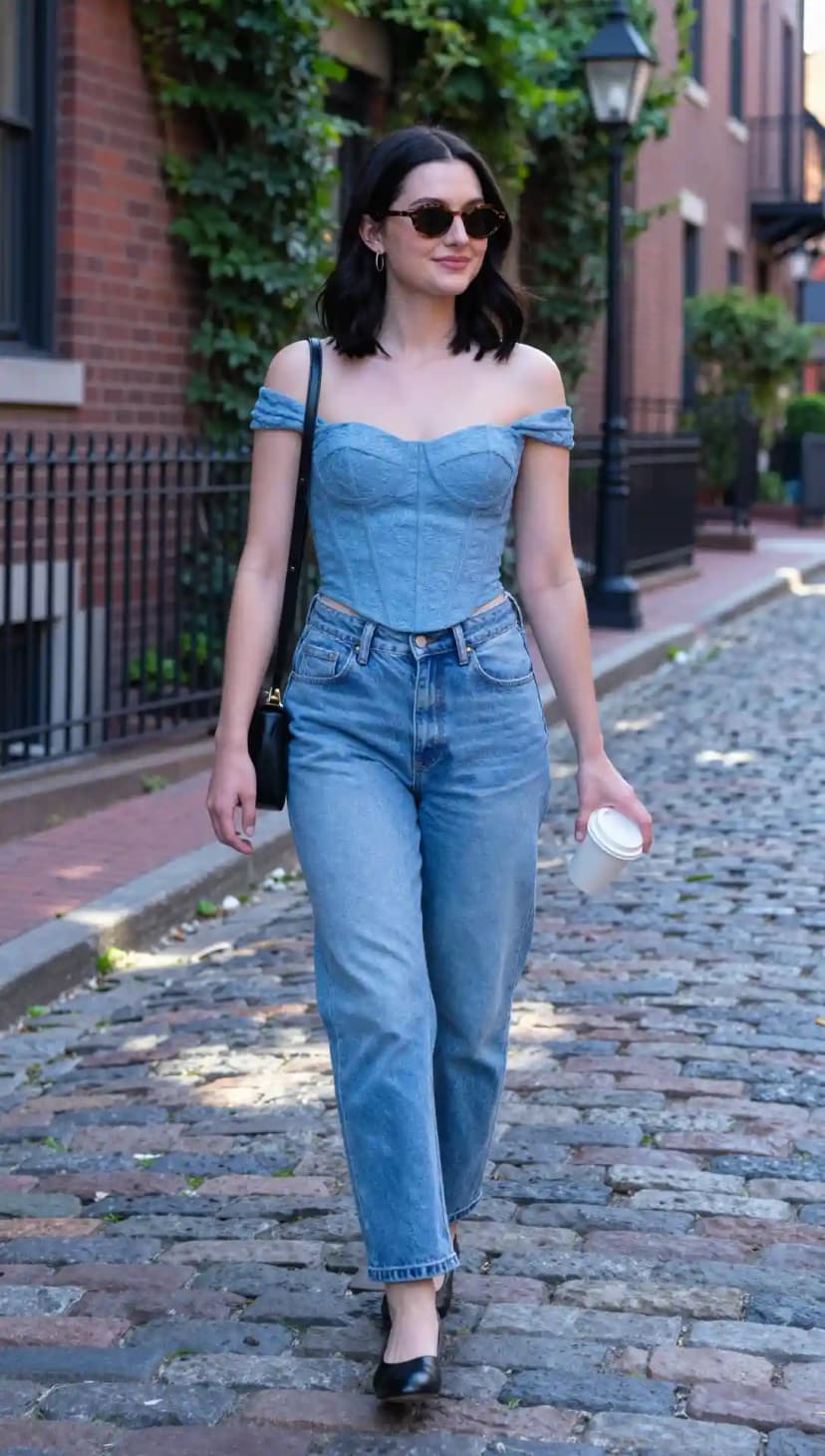 Light Blue Off-the-Shoulder Corset Top + Light Wash Relaxed Fit Jeans