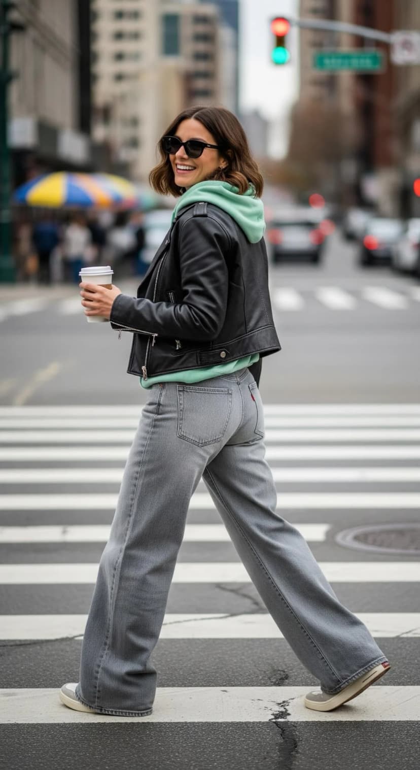 Black Leather Jacket + Mint Green Hoodie + Grey Baggy Jeans + Grey Sneakers