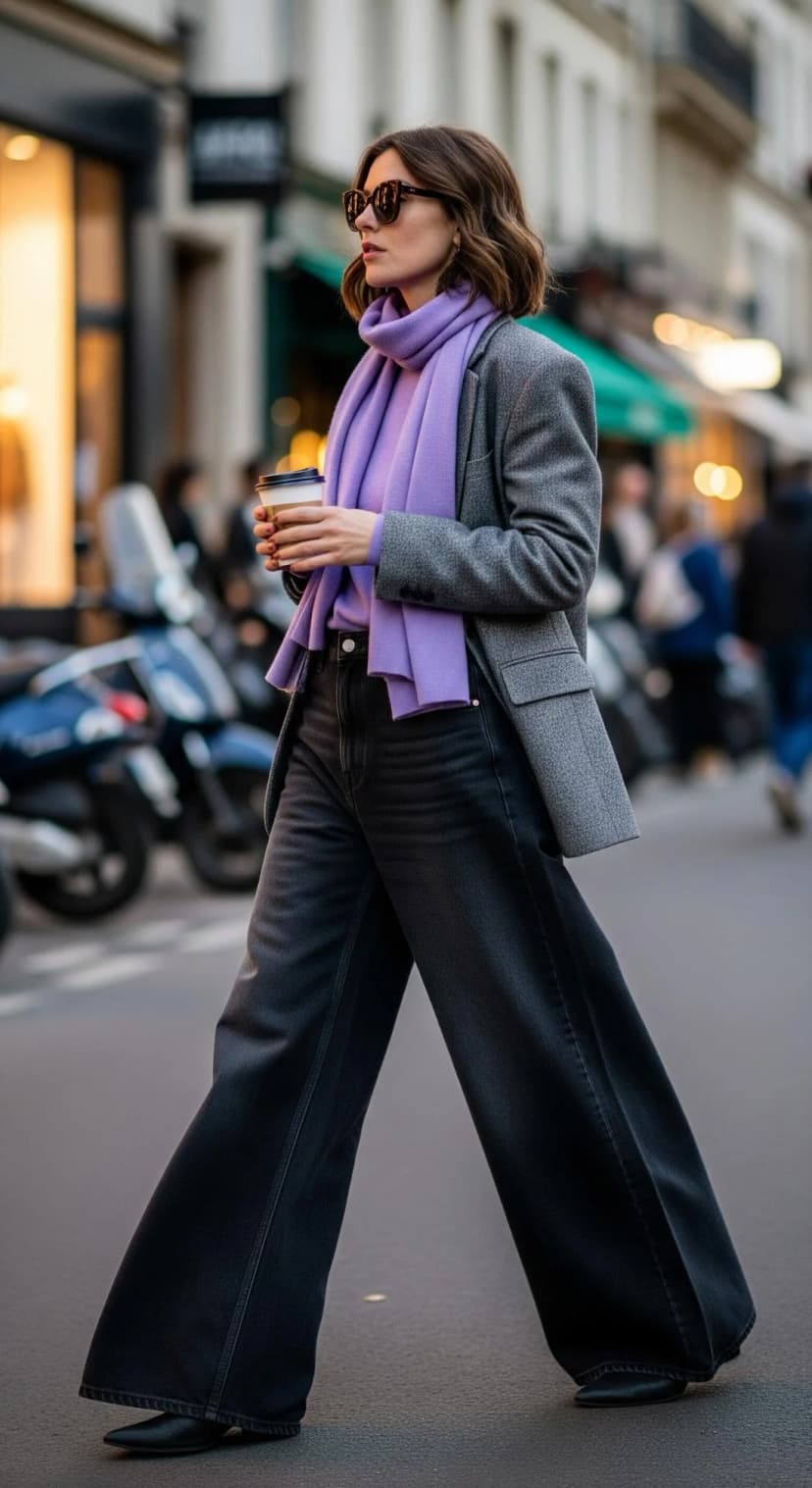 Grey Wool Blazer + Lilac Knit Top + Black Wash Baggy Jeans