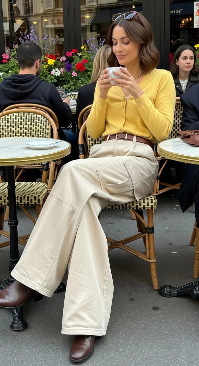 Yellow Knit Cardigan + Beige Cargo Pants + Brown Leather Ankle Boots