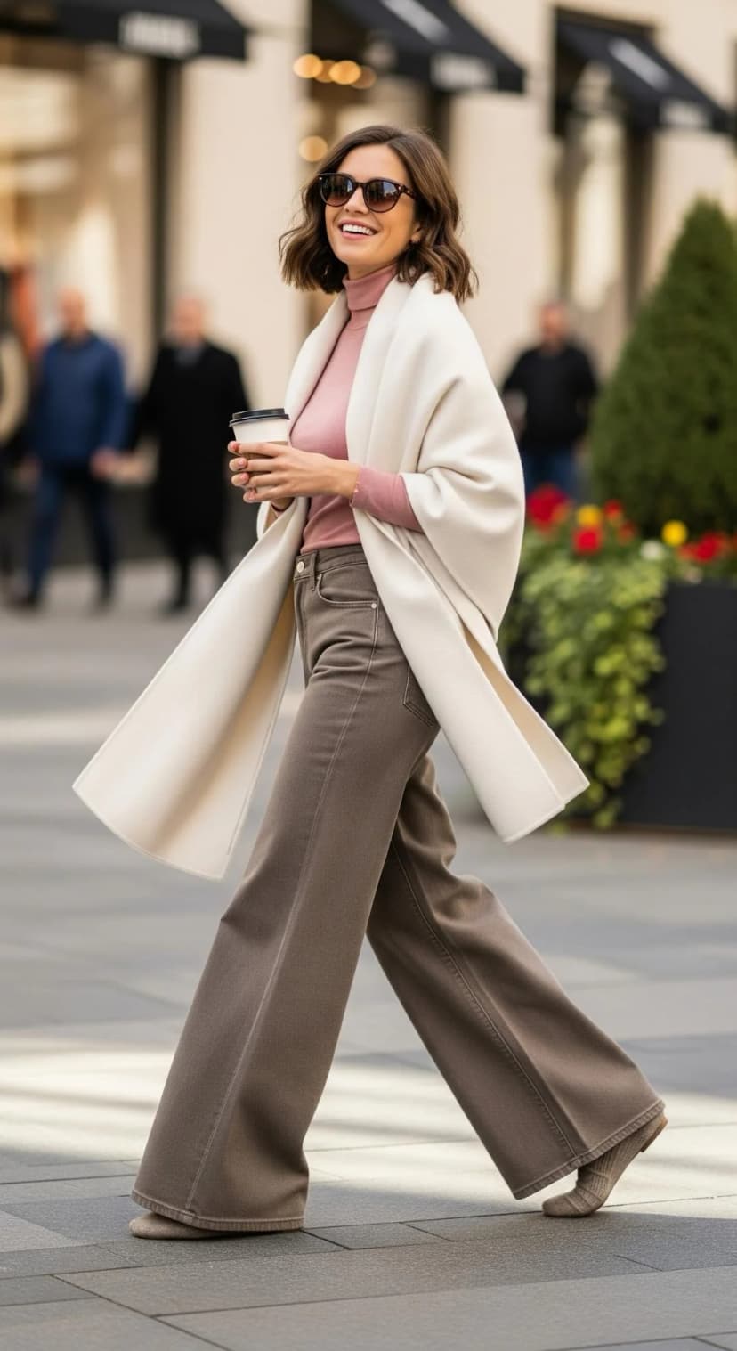 Blush Fitted Turtleneck + Taupe Wide Leg Denim + Ivory Wool Wrap Coat