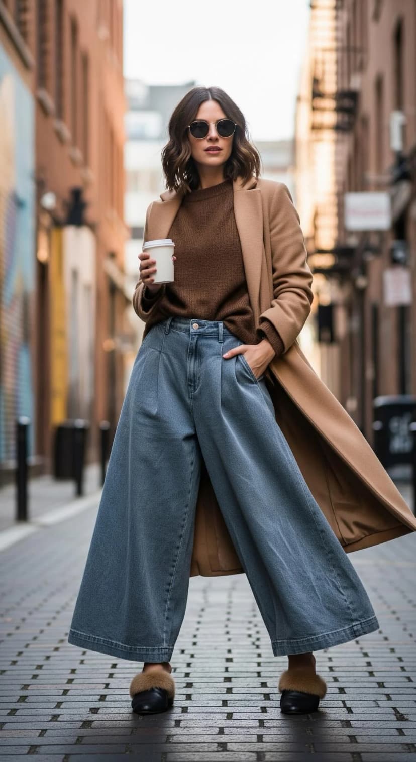 Tan Wool Coat + Brown Knit Sweater + Blue Denim Baggy Jeans + Black Fur-Lined Loafers
