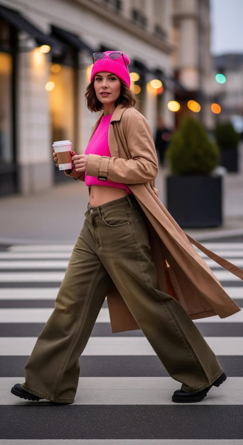 Fuchsia Cropped Sweater + Olive Baggy Jeans + Tan Trench Coat + Black Lug Sole Boots