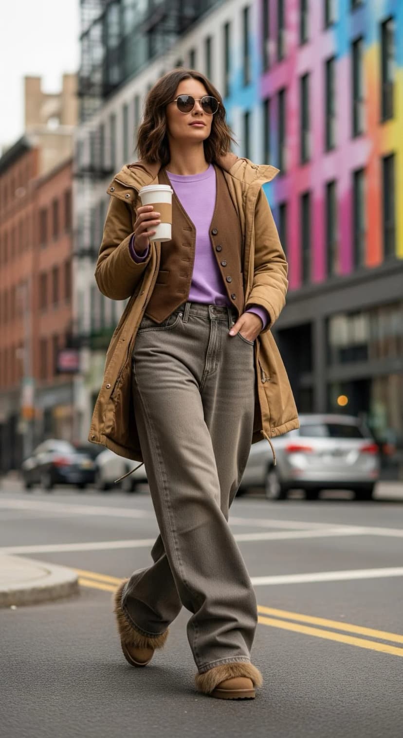 Lilac Knit Top + Brown Corduroy Vest + Taupe Baggy Jeans + Tan Fur-Trimmed Loafers