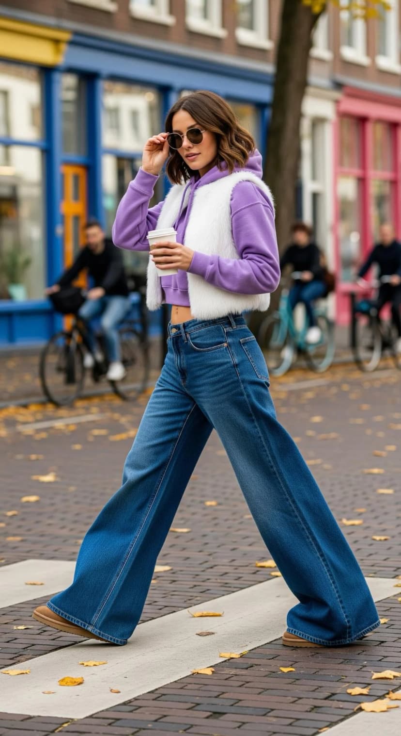 Lavender Cropped Hoodie + White Faux Fur Vest + Blue Baggy Jeans + Tan Boots