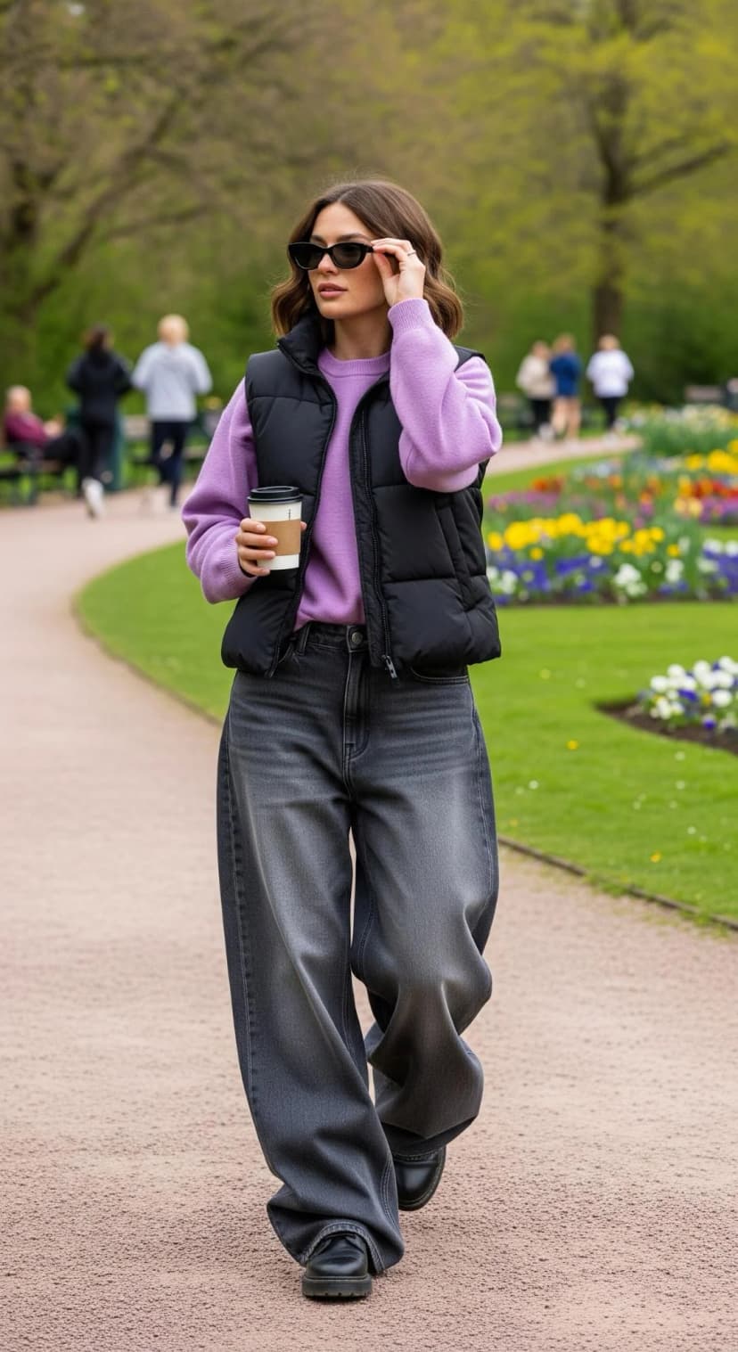 Lavender Knit Sweater + Black Puffer Vest + Grey Wash Baggy Jeans + Black Lug Sole Loafers
