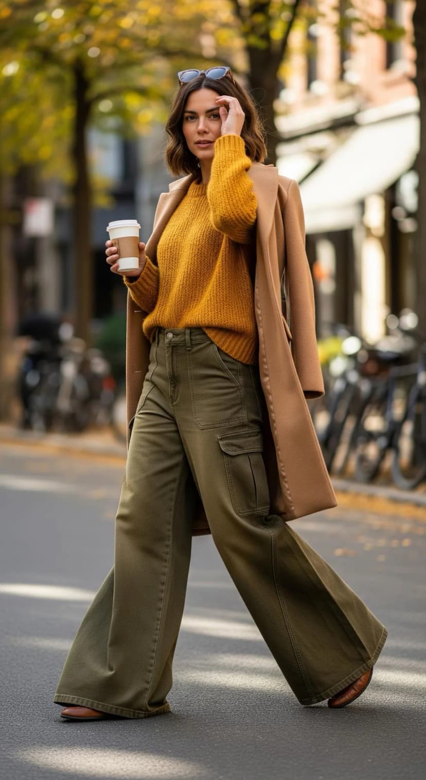 Mustard Knit Sweater + Olive Wide-Leg Cargo Pants + Camel Coat