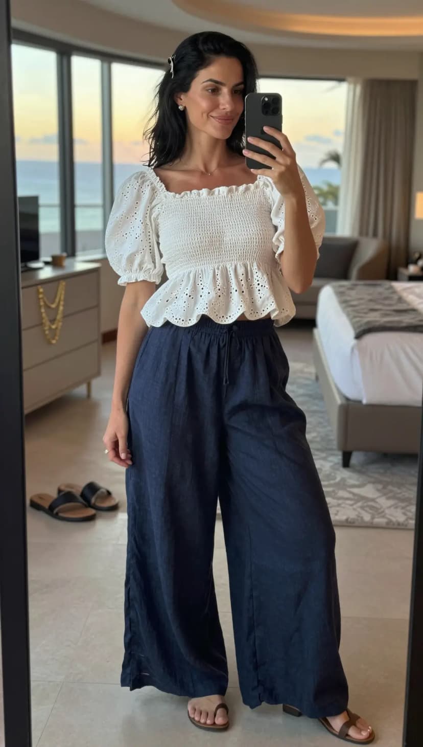 White Broderie Anglaise Crop Top + Navy Linen Wide-Leg Pants