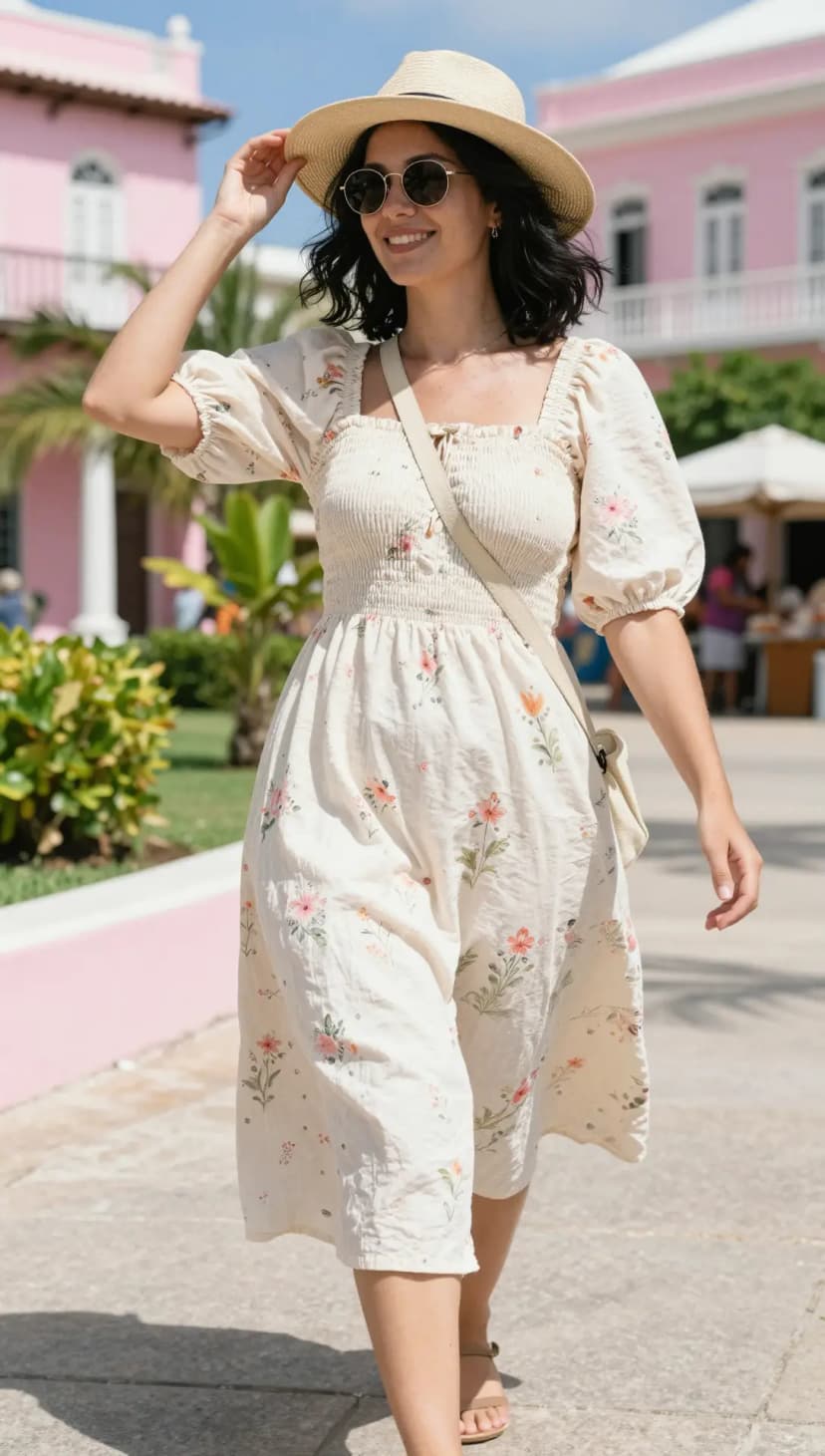 Cream Floral Gauze Midi Dress + Straw Fedora Hat + Tan Flat Sandals