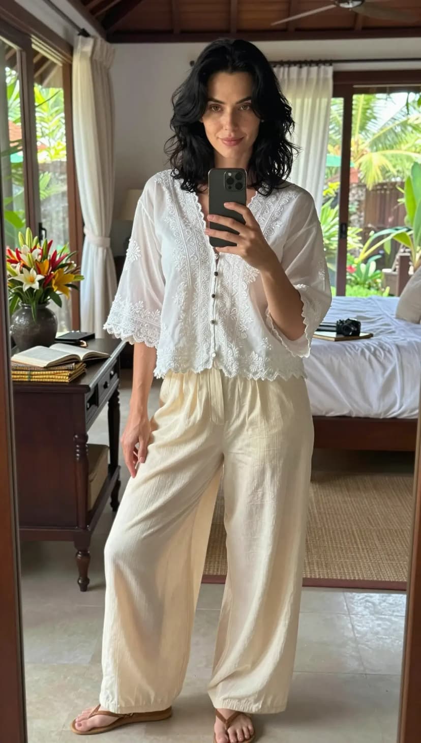 White Cotton Broderie Anglaise Blouse + Cream Linen Wide-Leg Trousers