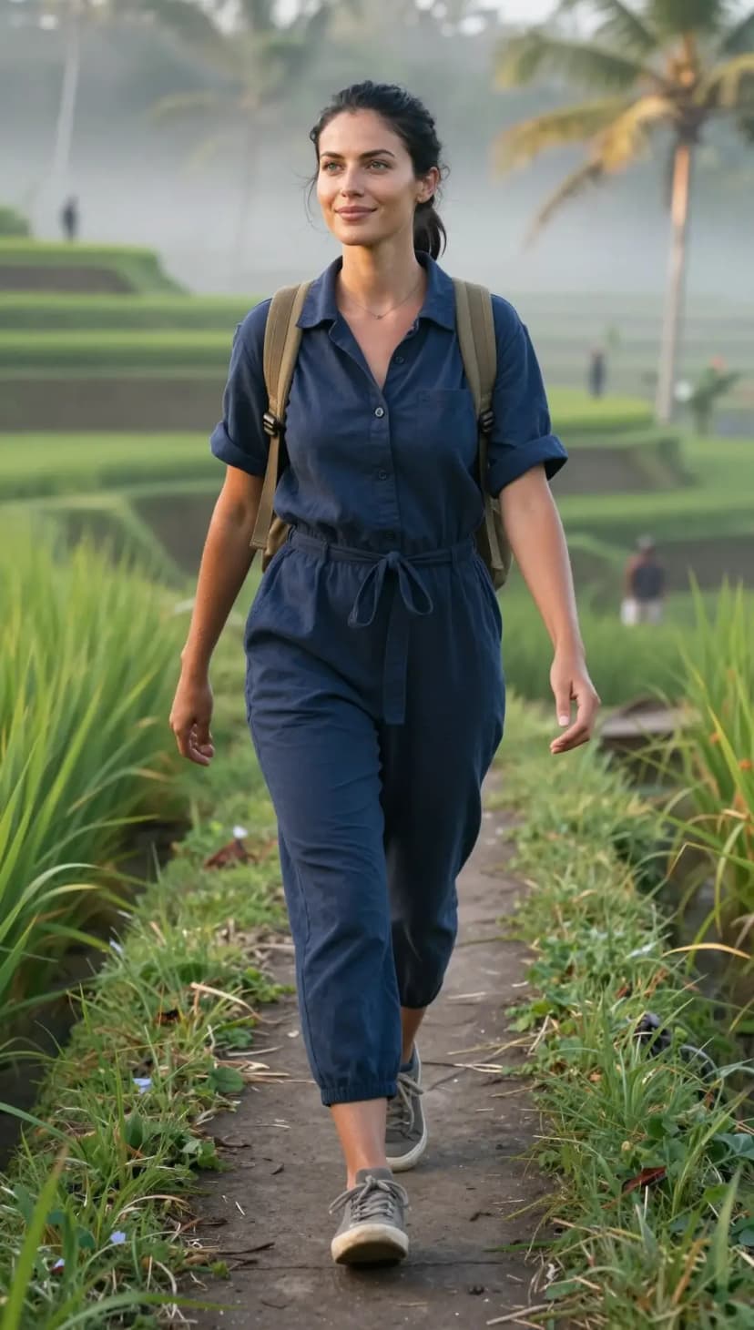 Navy Linen Jumpsuit + Khaki Canvas Backpack + Grey Canvas Sneakers