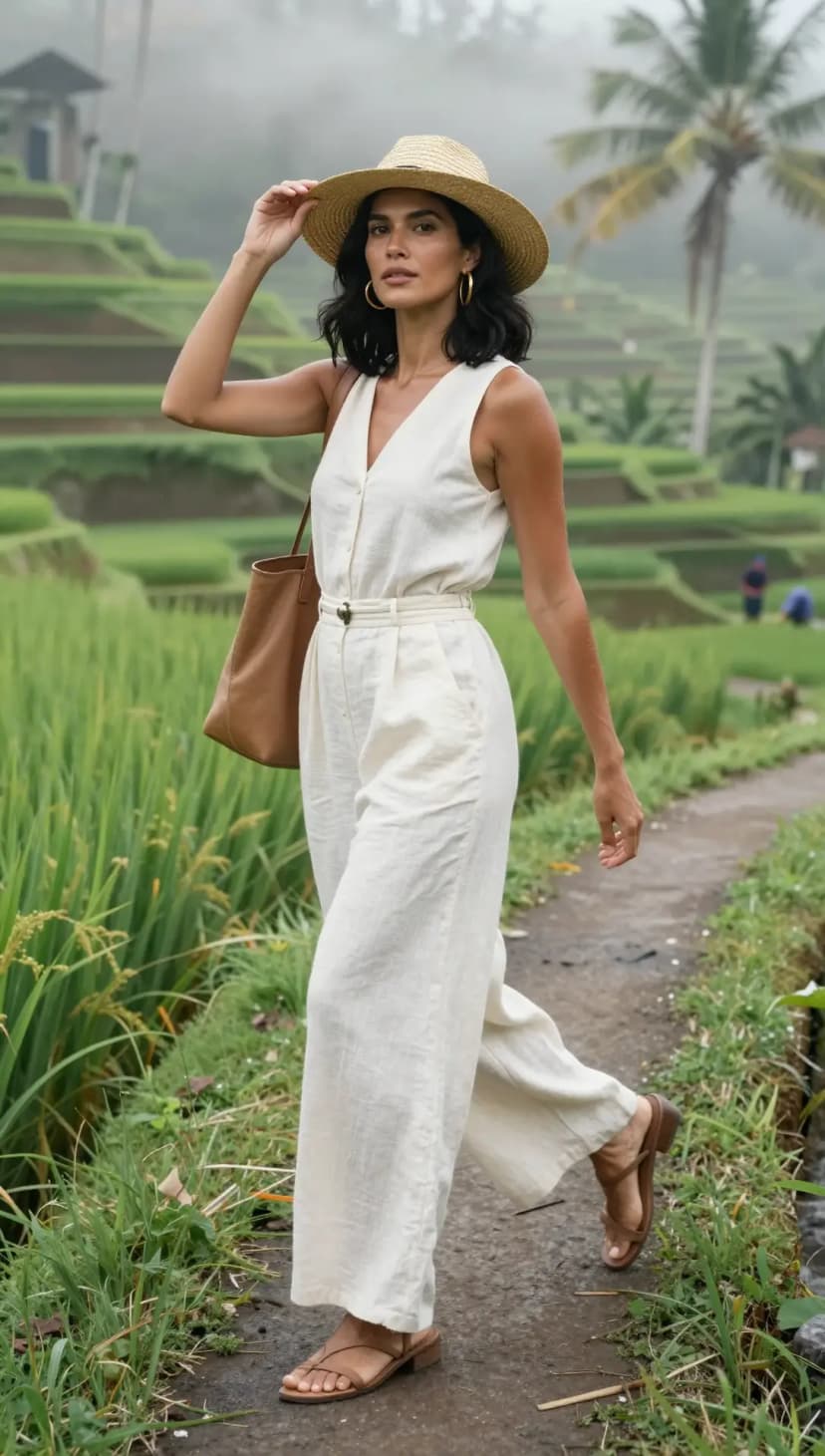 Cream Linen Jumpsuit + Tan Leather Tote Bag + Straw Sun Hat + Tan Leather Sandals